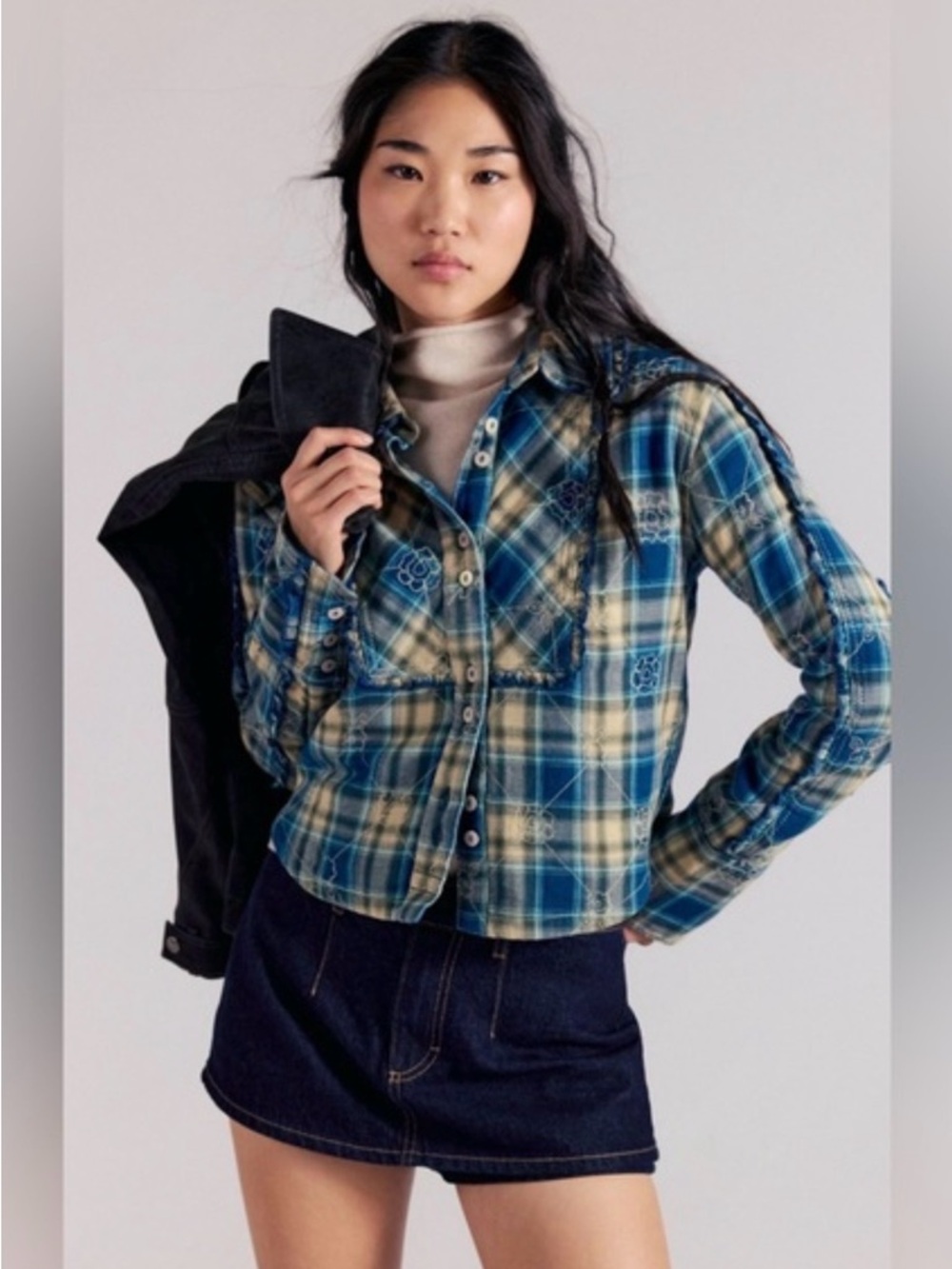 Free People We The Free Georgia Plaid Embroidered Button Down. NWT. Navy